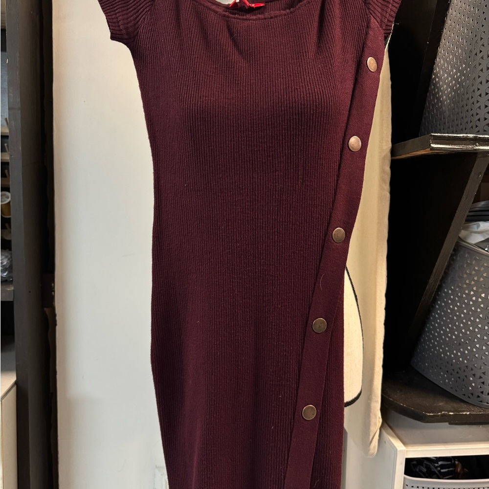 Guess Asymmetrical Burgundy Dress with Button Detail